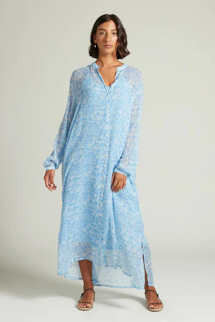 Chan Luu Silk Long Sleeve Button Down Maxi Dress in Little Boy Blue 