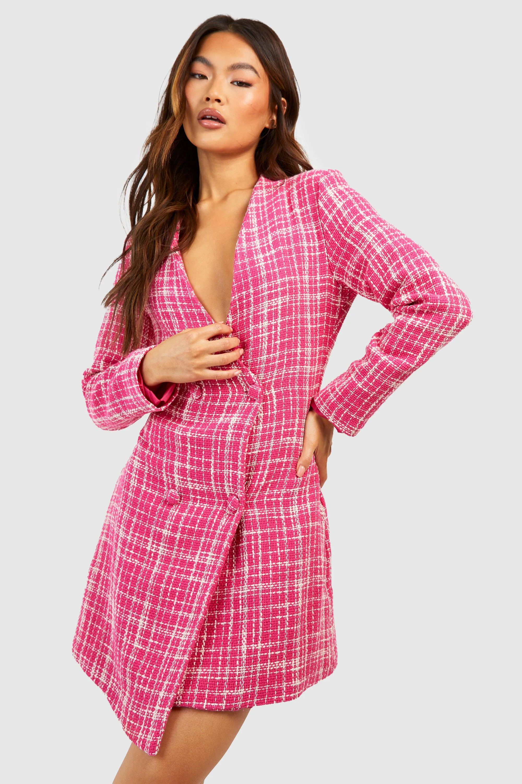 Check Boucle Long Sleeve Blazer Dress