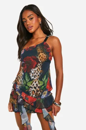 Chiffon Animal Floral Belt Trim Mini Dress