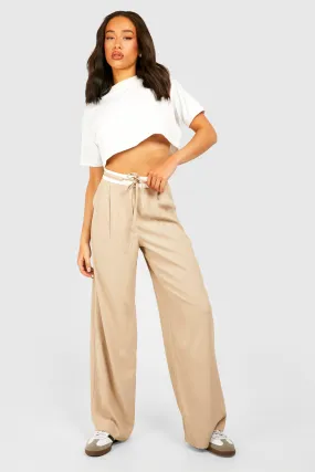 Contrast Tie Waist Fluid Wide Leg Pants