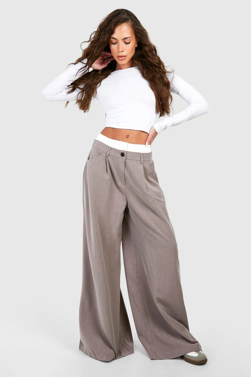 Contrast Waistband Detail Wide Leg Pants