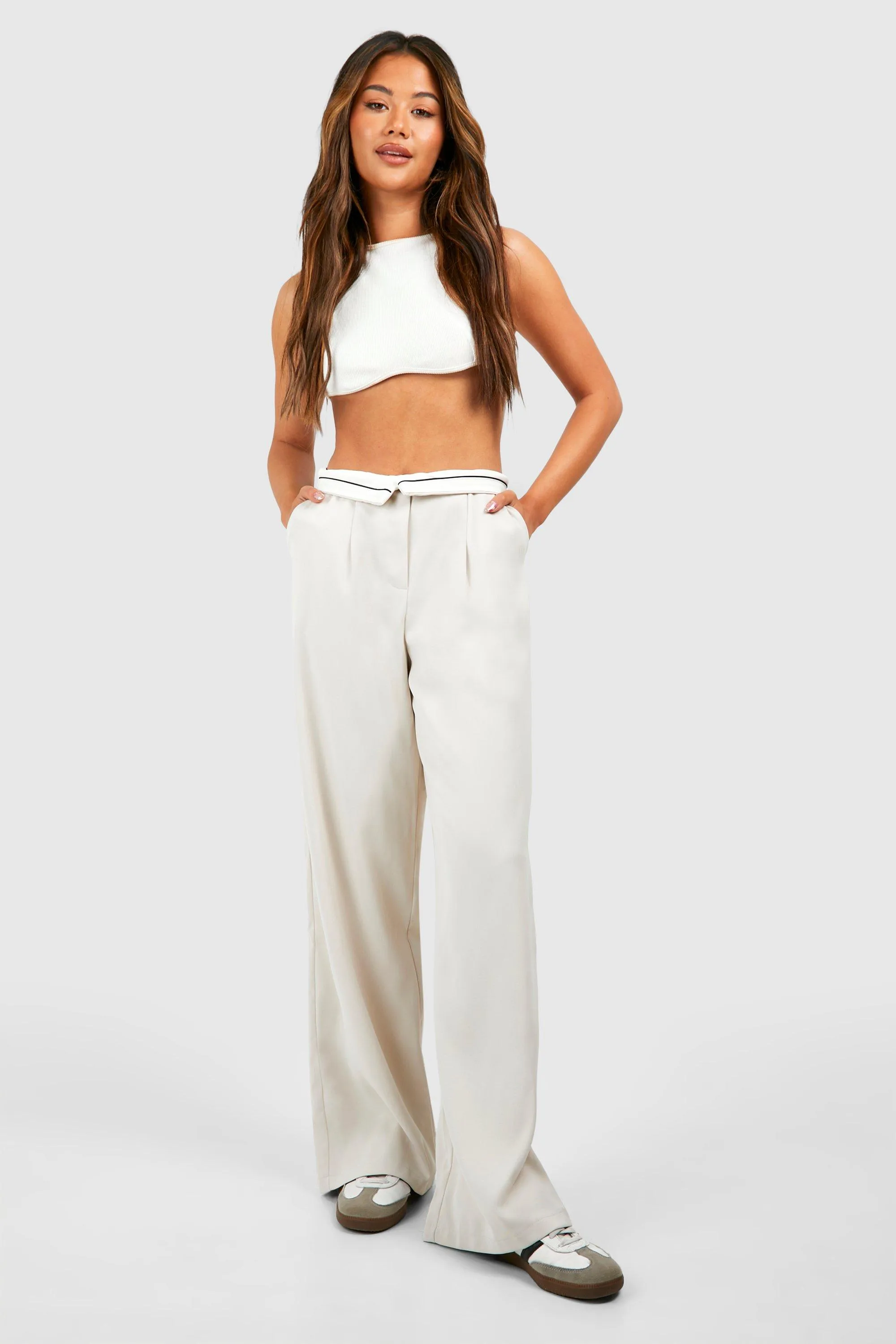 Contrast Waistband Wide Leg Dress Pants