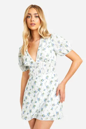 Cotton Dobby Floral Smock Dress