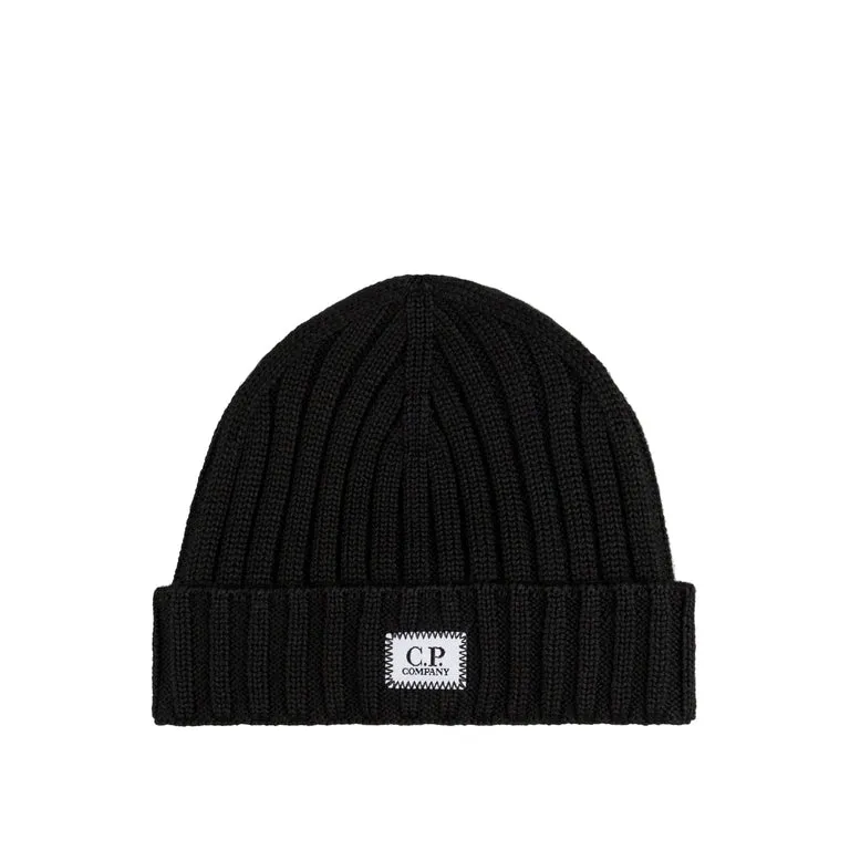 C.P. Company Extra Fine Merino Wool Logo Beanie Black