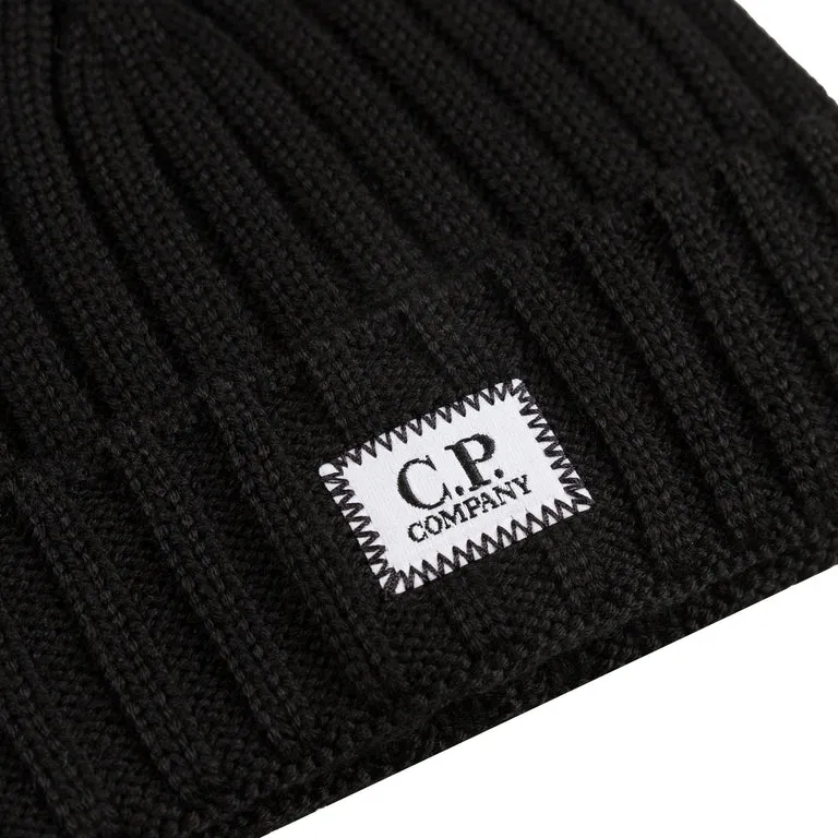 C.P. Company Extra Fine Merino Wool Logo Beanie Black