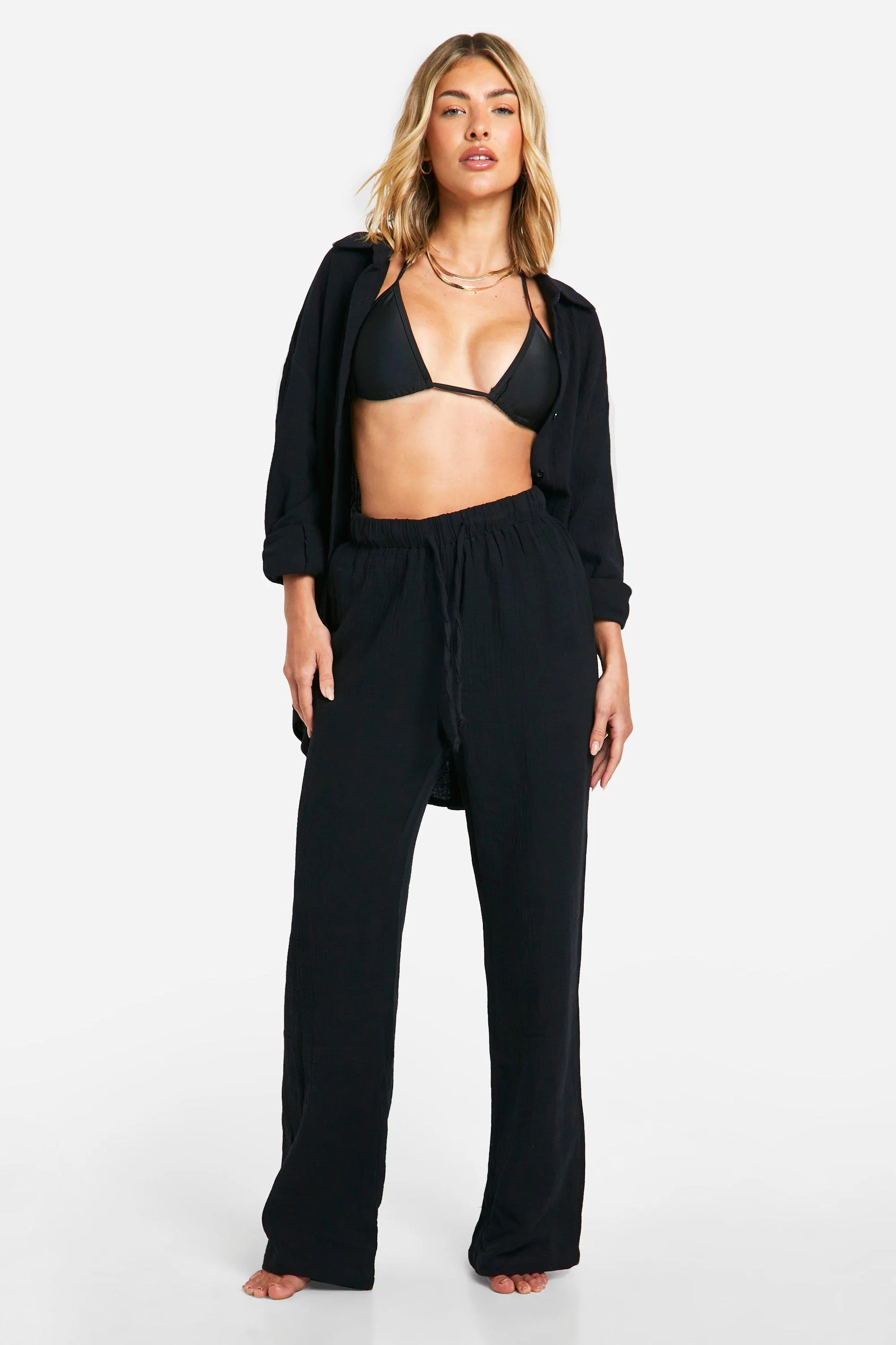 Crinkle Cotton Wide Leg Beach Pants