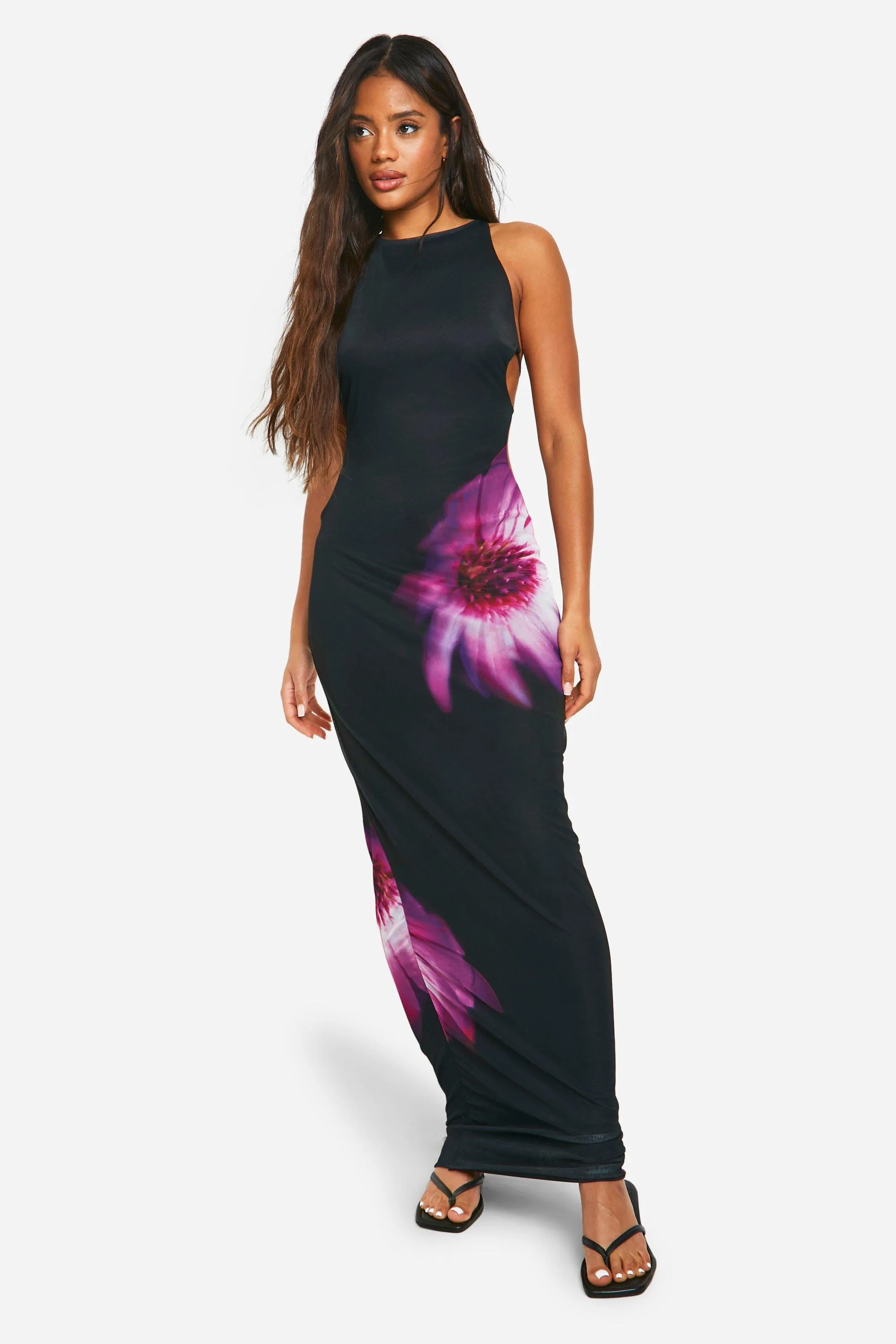 Cut Out Strappy Floral Mesh Maxi Dress