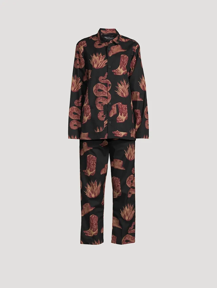 DESMOND DEMPSEY Long Cotton Pajama Set In wild Icons Print