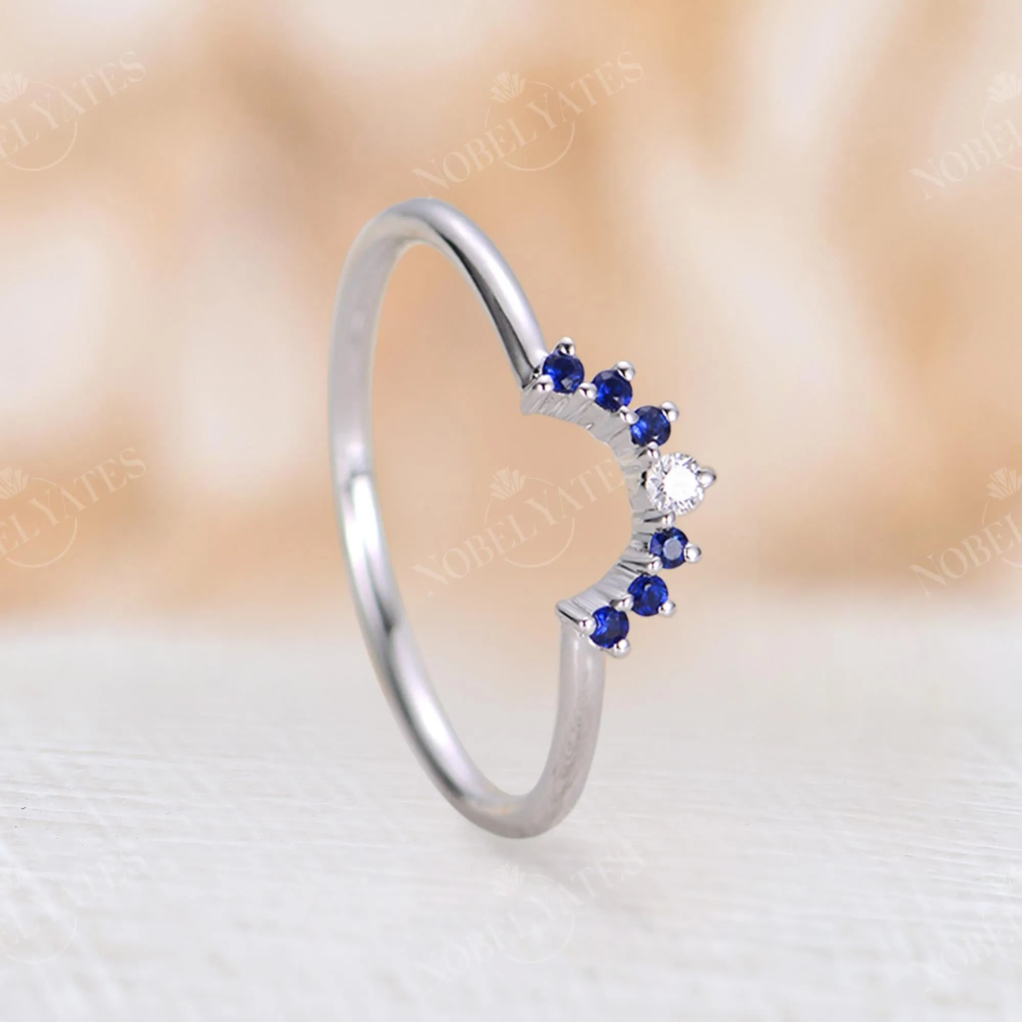 Diamond & Natural Sapphire Curved Wedding Band White Gold