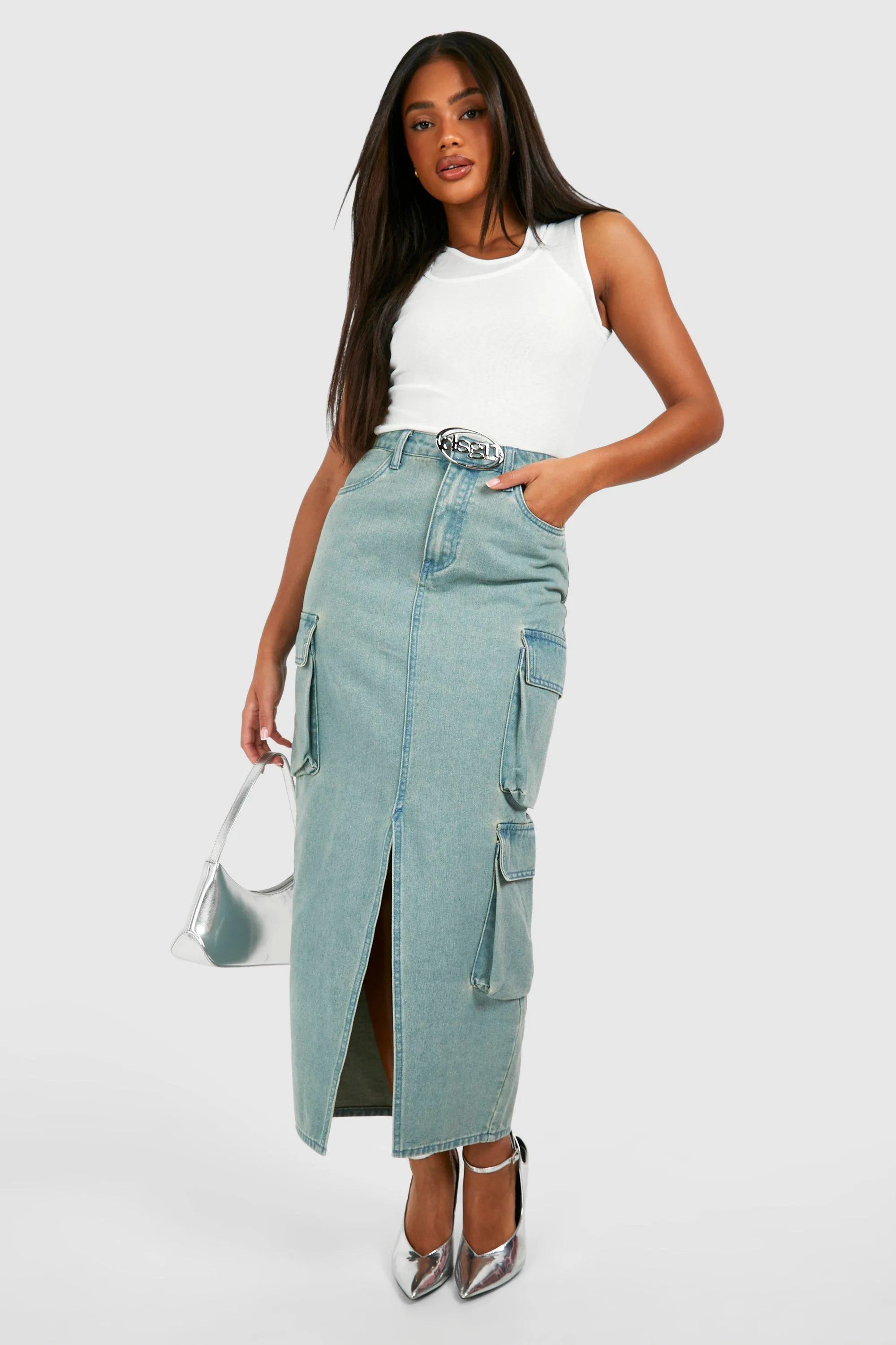 Dsgn Badge Denim Cargo Maxi Skirt