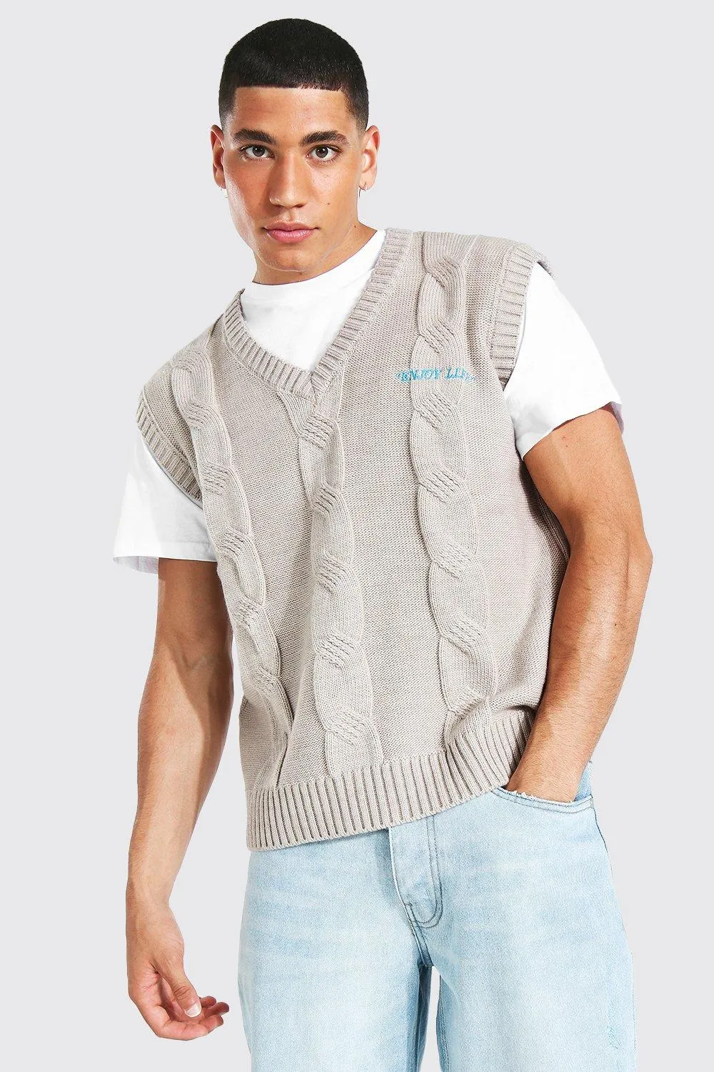 Enjoy Life Embroidered Cable Knit Vest