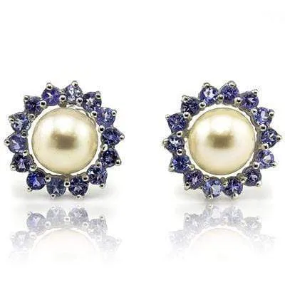 EXCELLENT 4.43 CT WHITE PEARL & 32 PCS GENUINE TANZANITE 10K SOLID WHITE GOLD EA