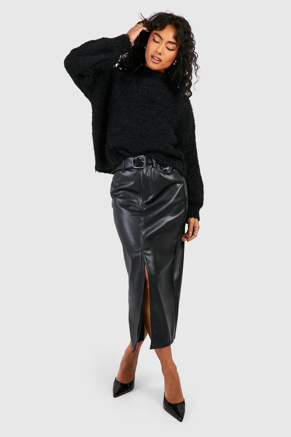 Faux Leather Split Midi Skirt