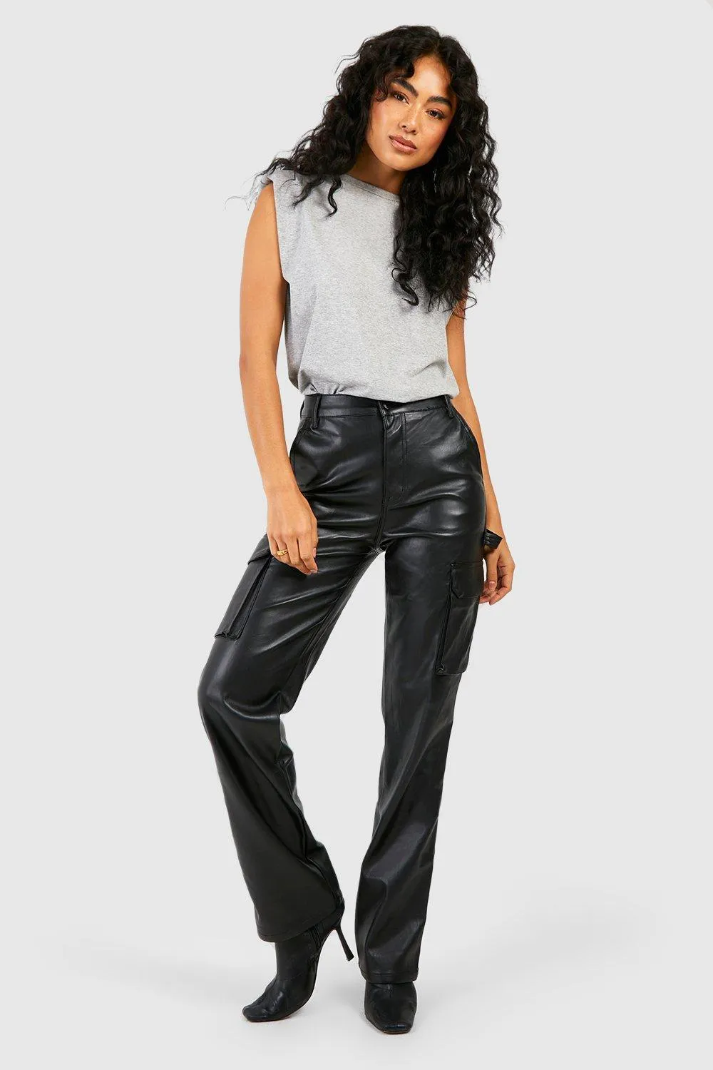 Faux Leather Straight Leg Cargo Pants