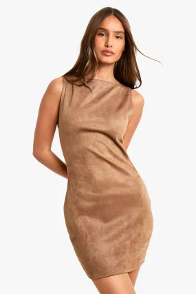 Faux Suede Boat Neck Mini Dress