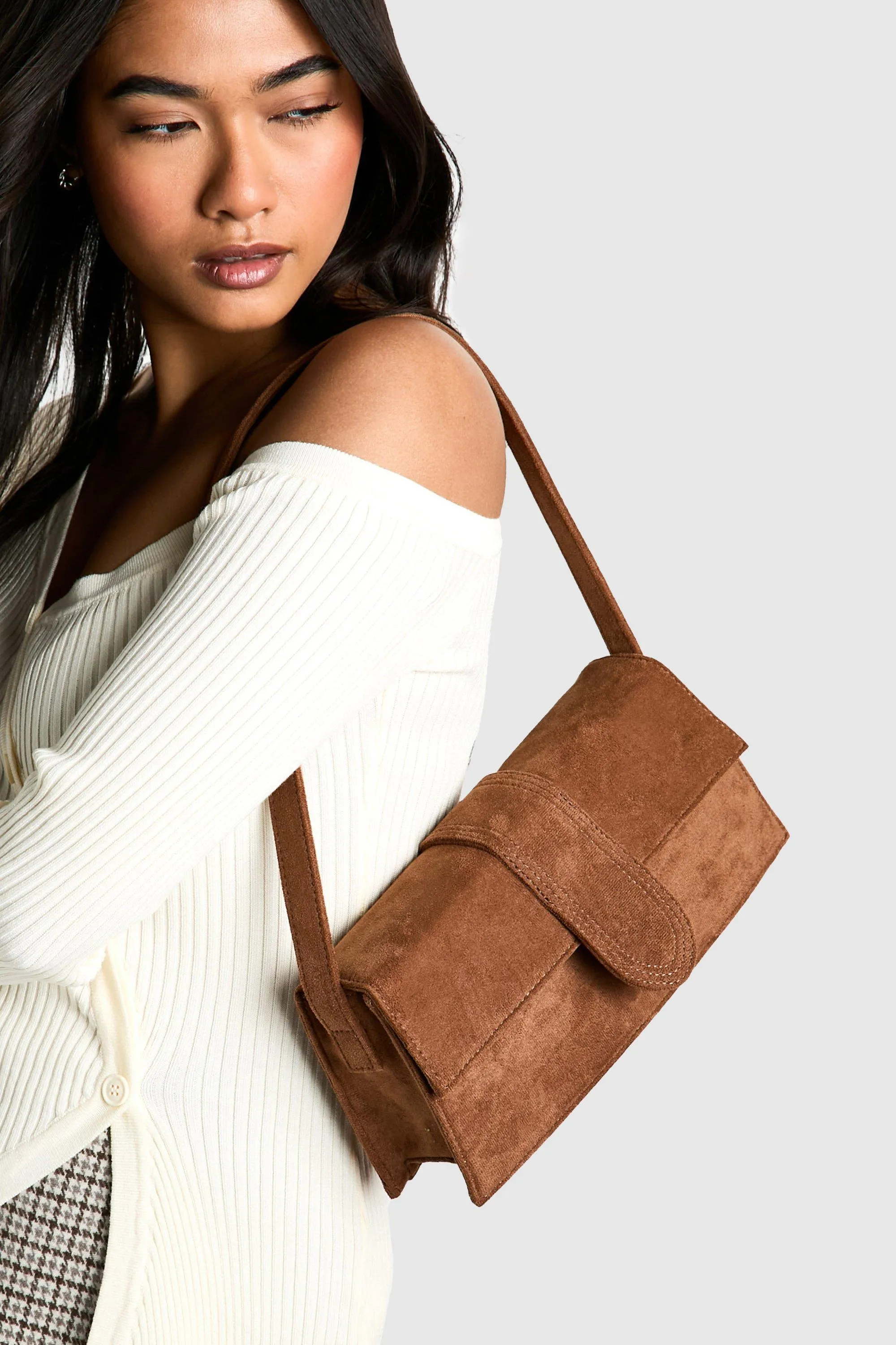 Faux Suede Structured Shoulder Bag