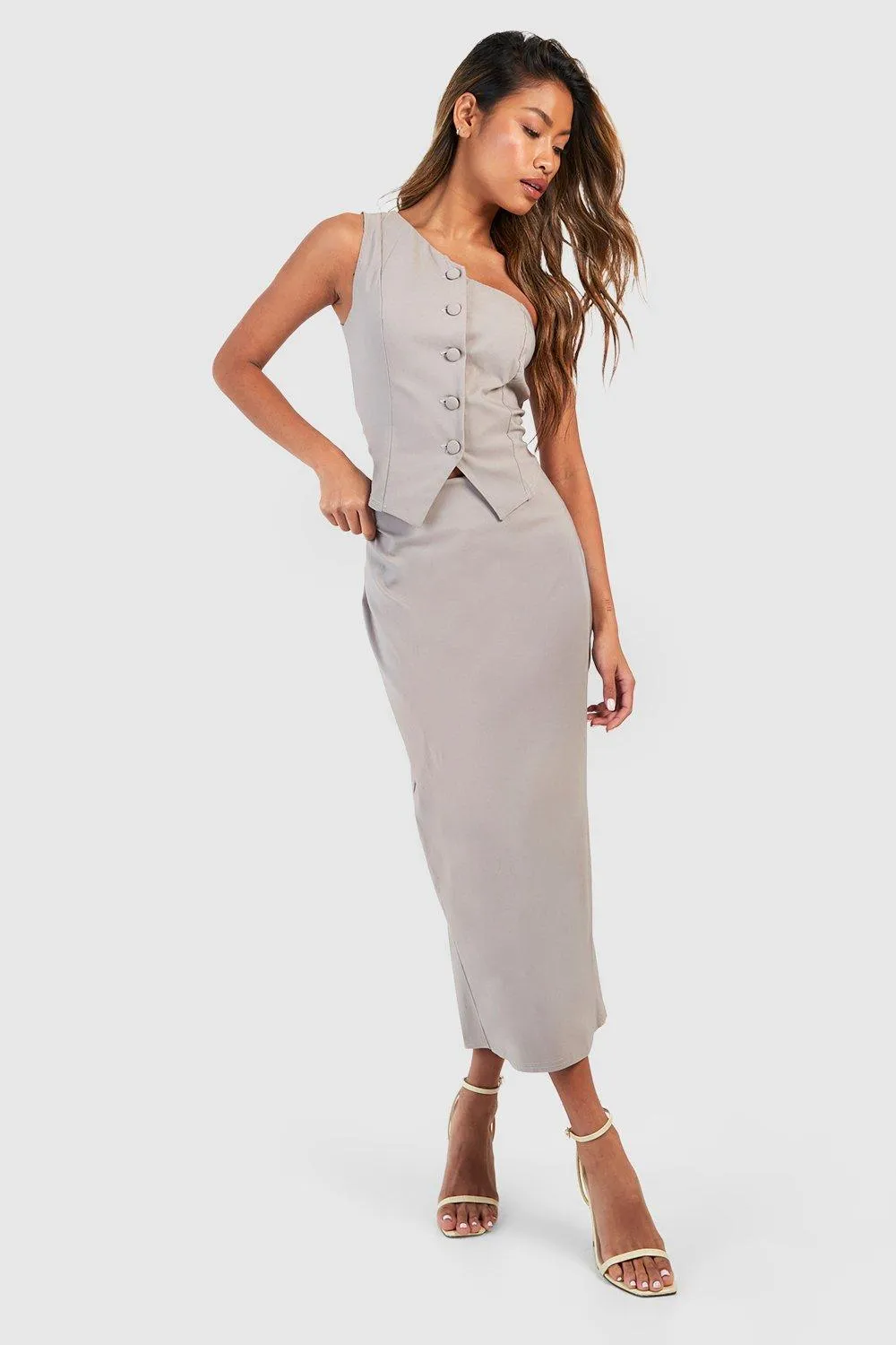 Fitted Asymmetric Vest & Column Midi Skirt