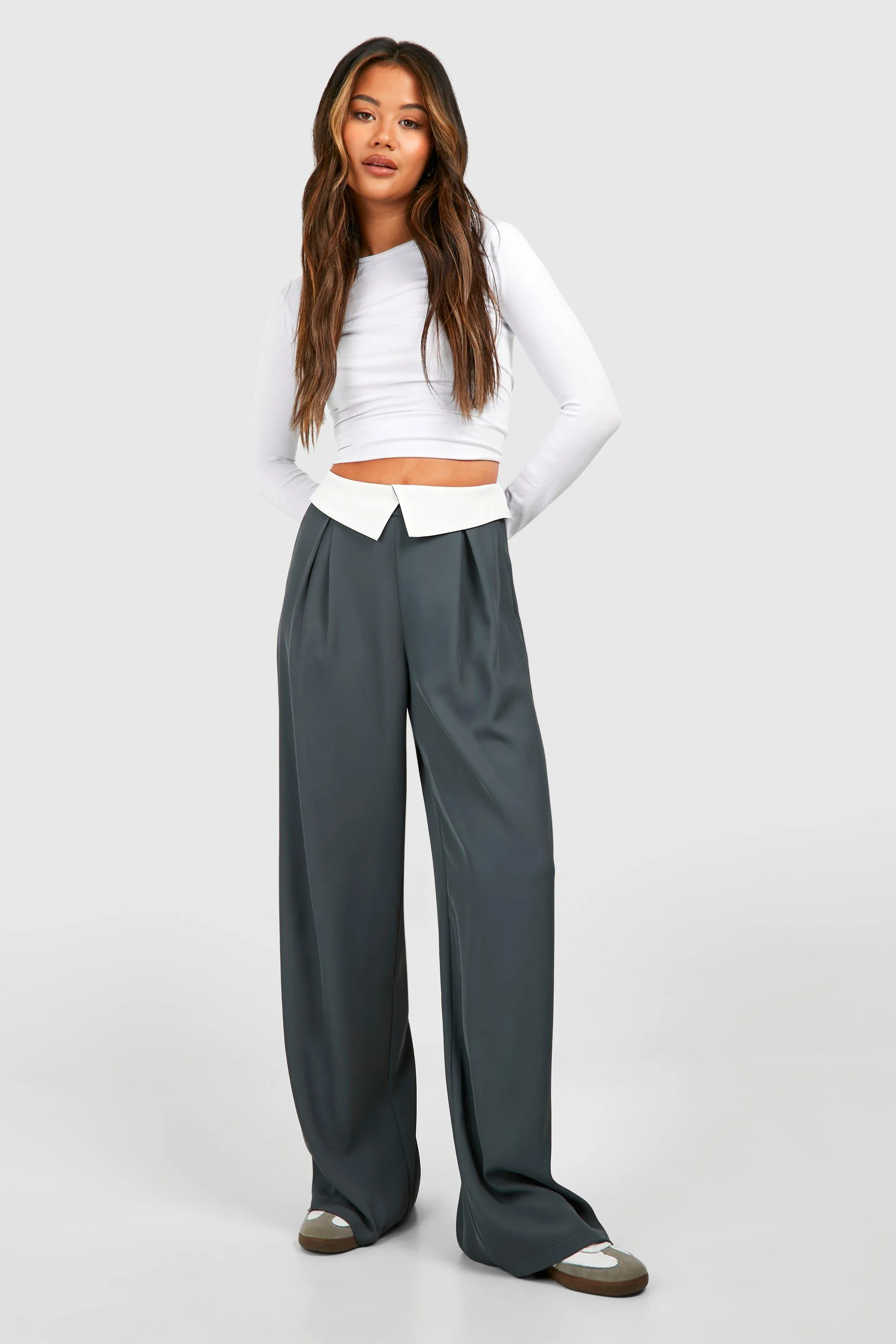 Fold Over Waistband Fluid Wide Leg Pants