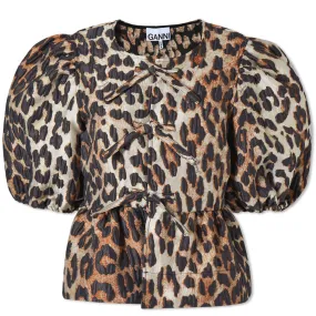 GANNI 3D Jacquard Peplum BlouseBig Leopard Almond Milk