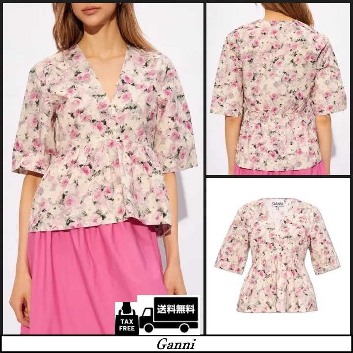 Ganni  |Flower Patterns Cotton Short Sleeves Elegant Style