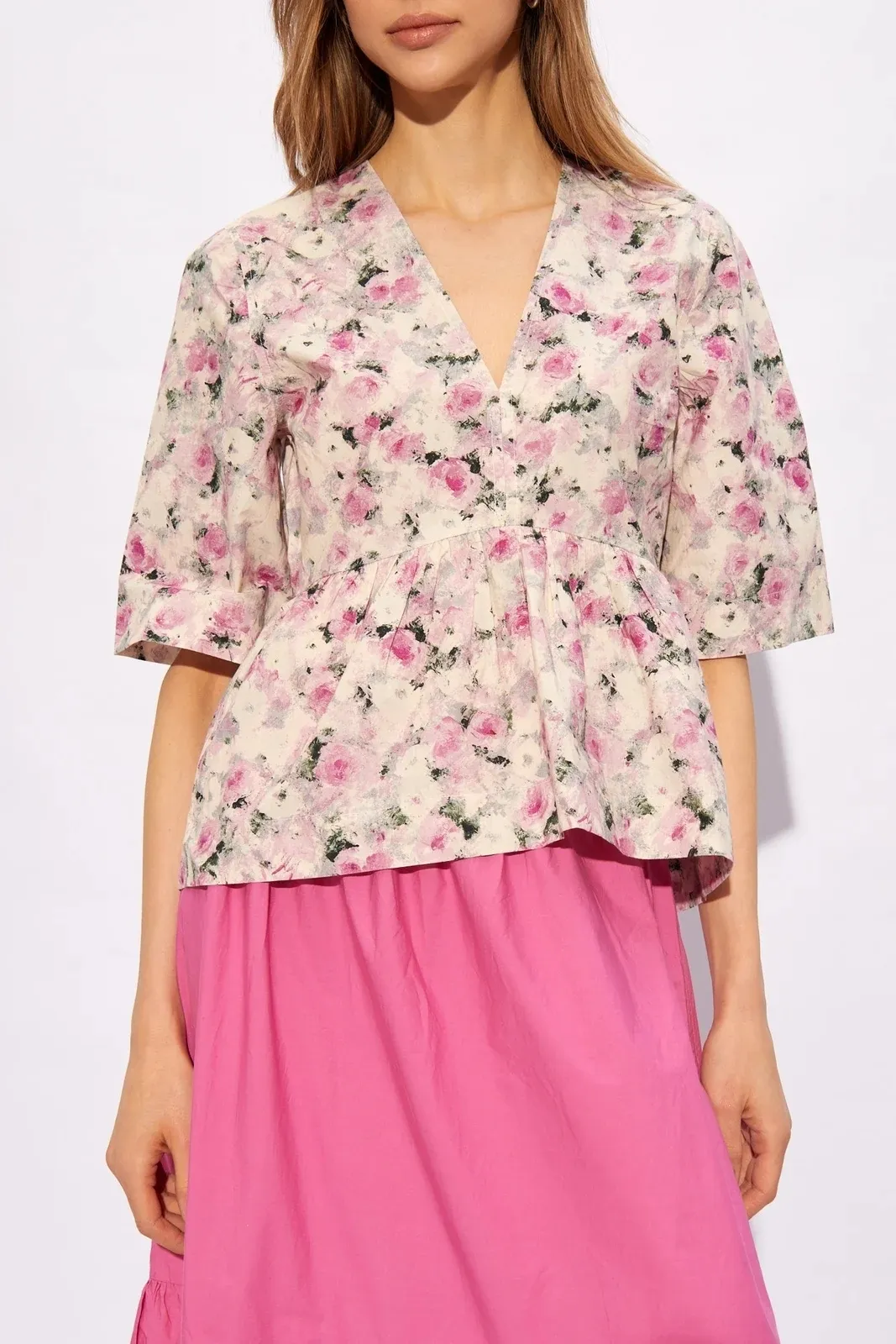 Ganni  |Flower Patterns Cotton Short Sleeves Elegant Style