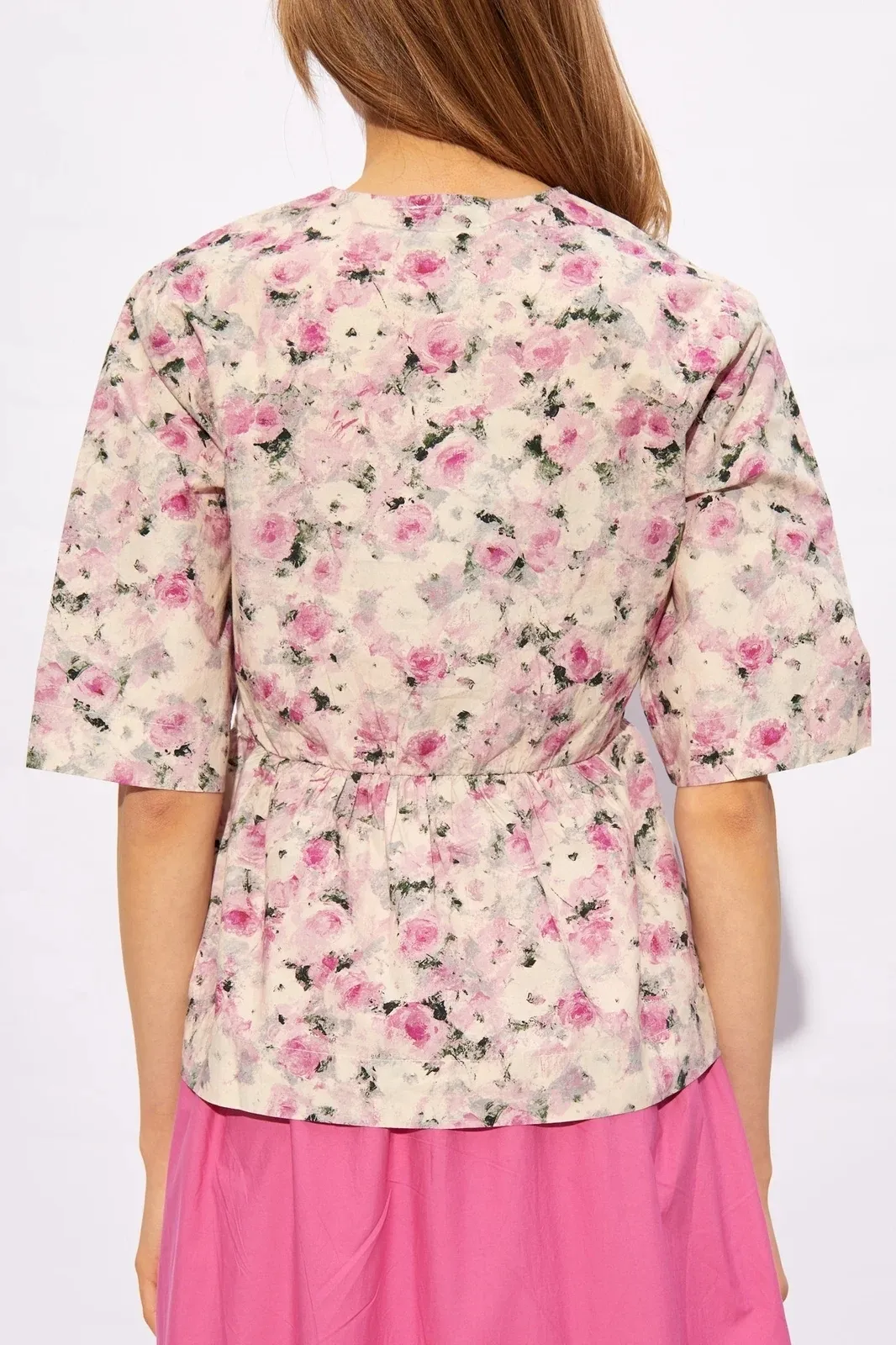 Ganni  |Flower Patterns Cotton Short Sleeves Elegant Style