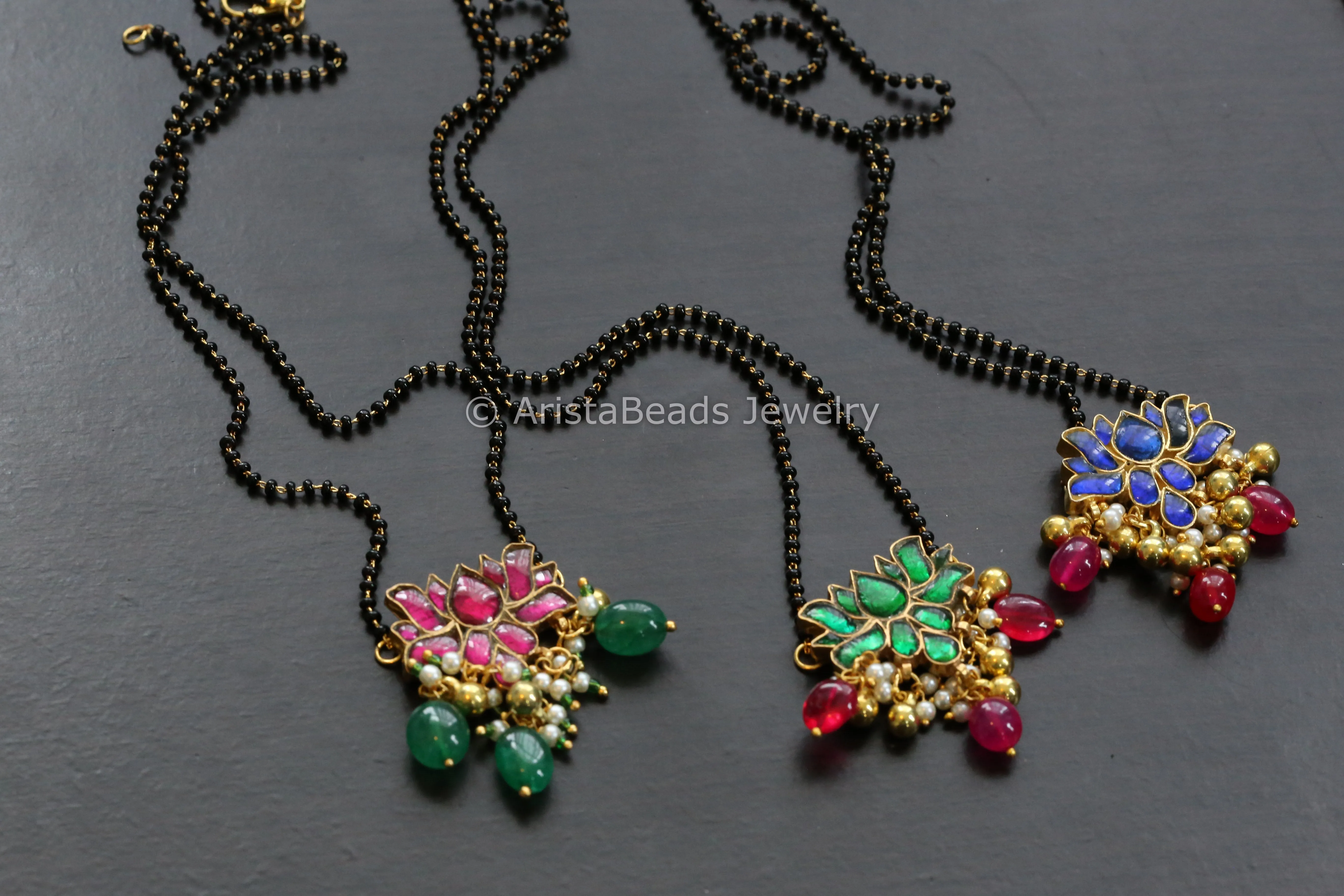 Handmade Jadau Lotus Black Bead Chain