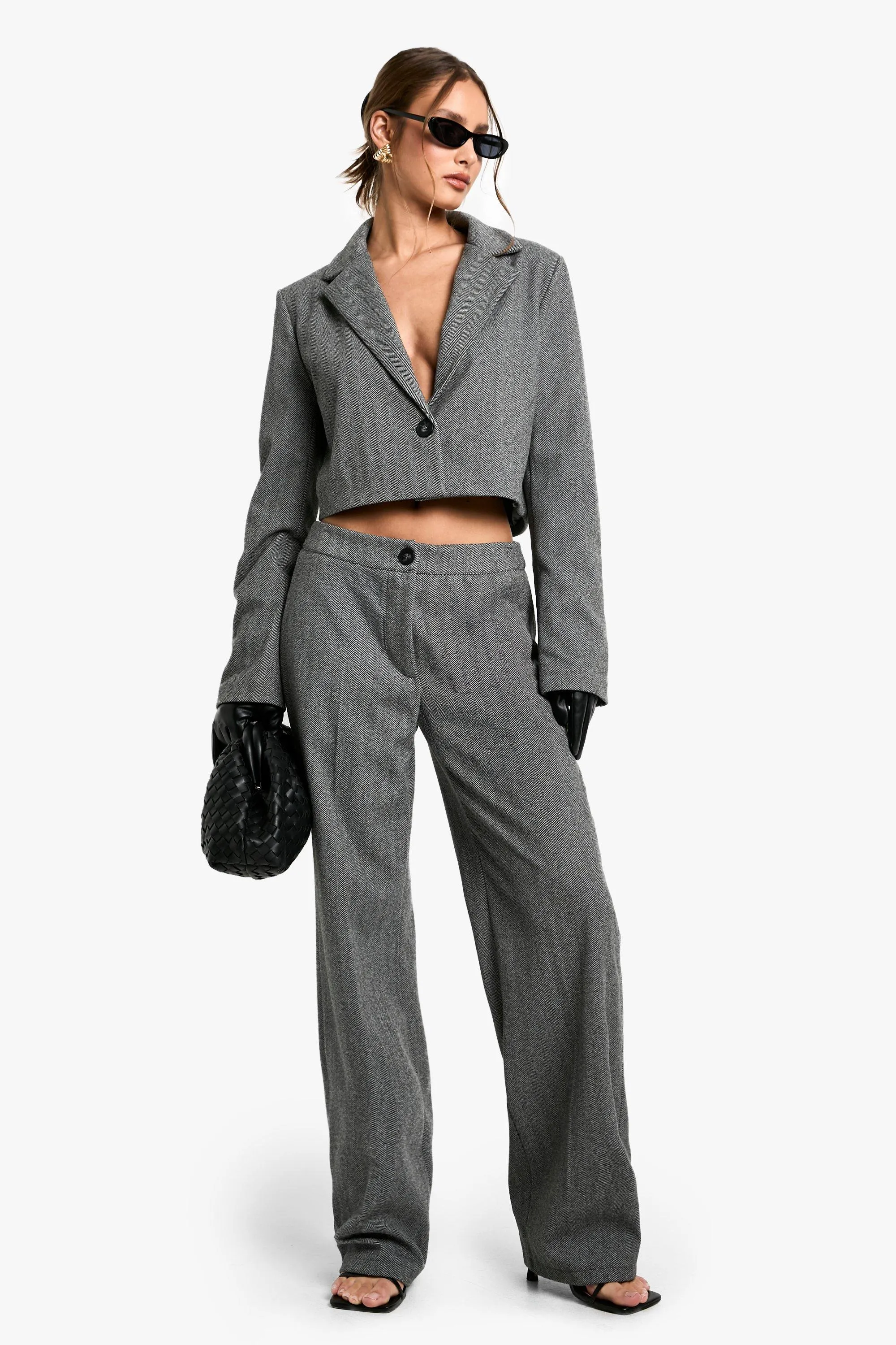 Herringbone Tailored Straight Leg Pants