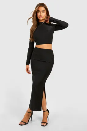 High Neck Long Sleeve Top & Bodycon Midi Skirt Set