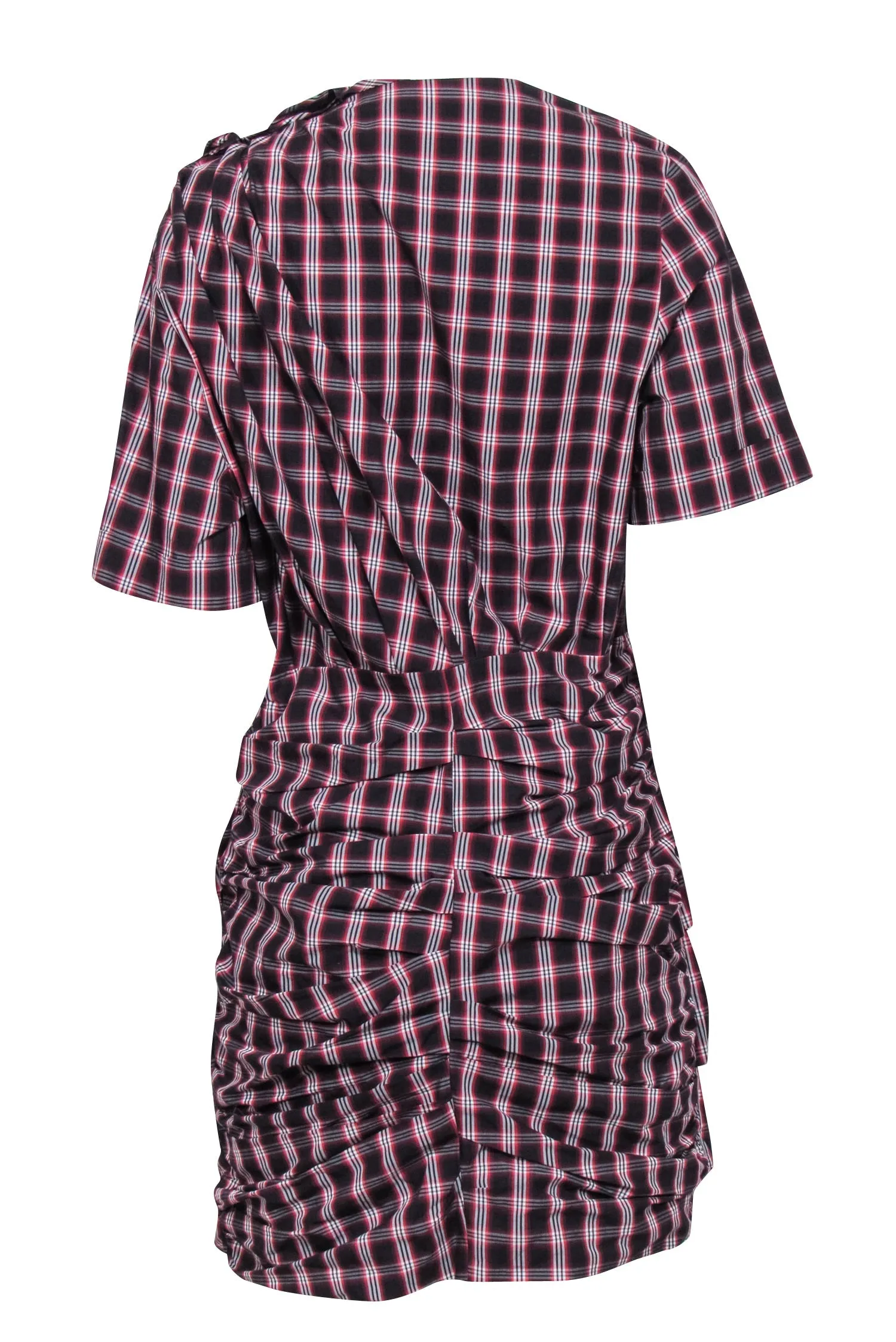 Isabel Marant Etoile - Black w/ Red & Cream Oria Shirred Check-Print Dress Sz 10