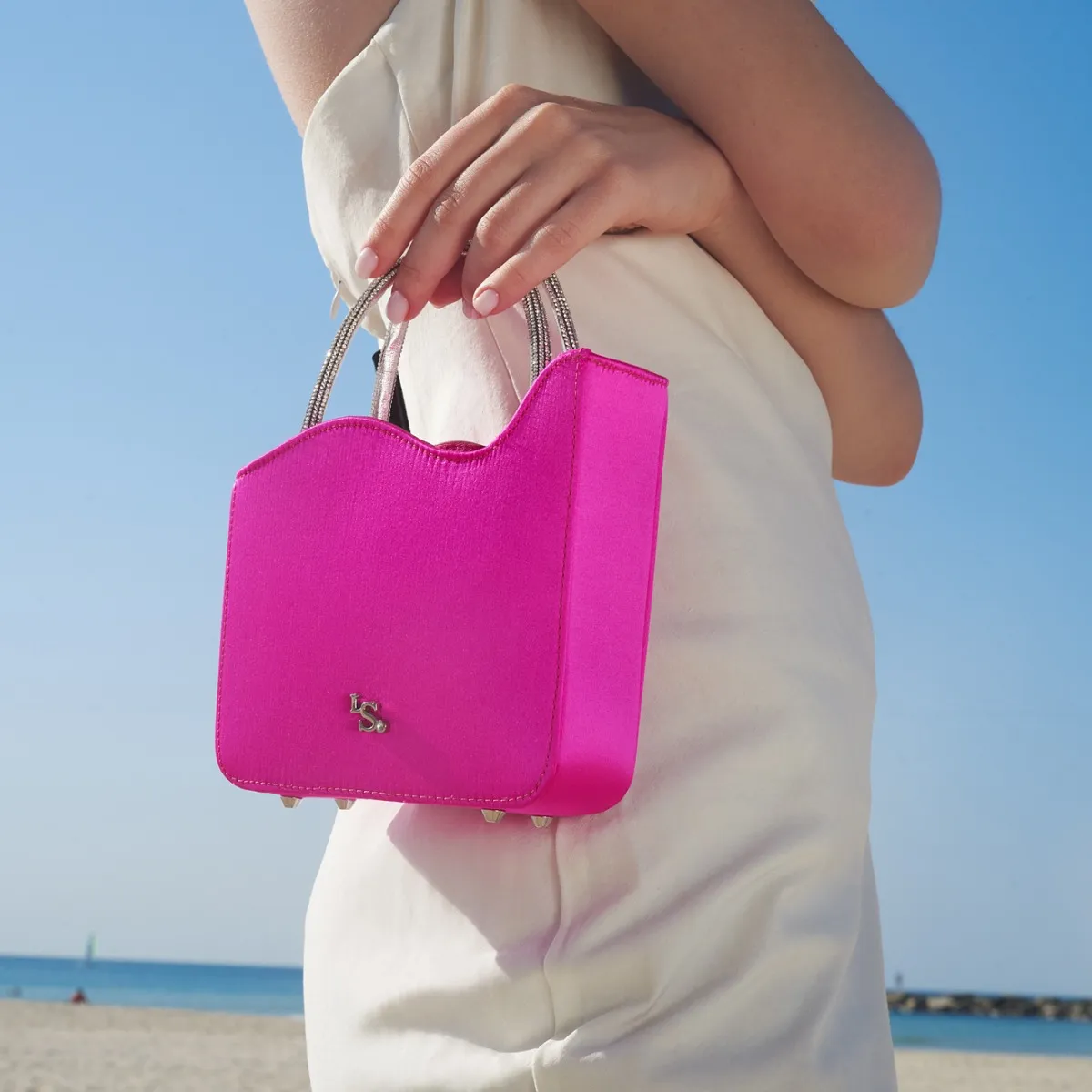 IVY BAG Bouganville fuchsia satin small bag with Crystals