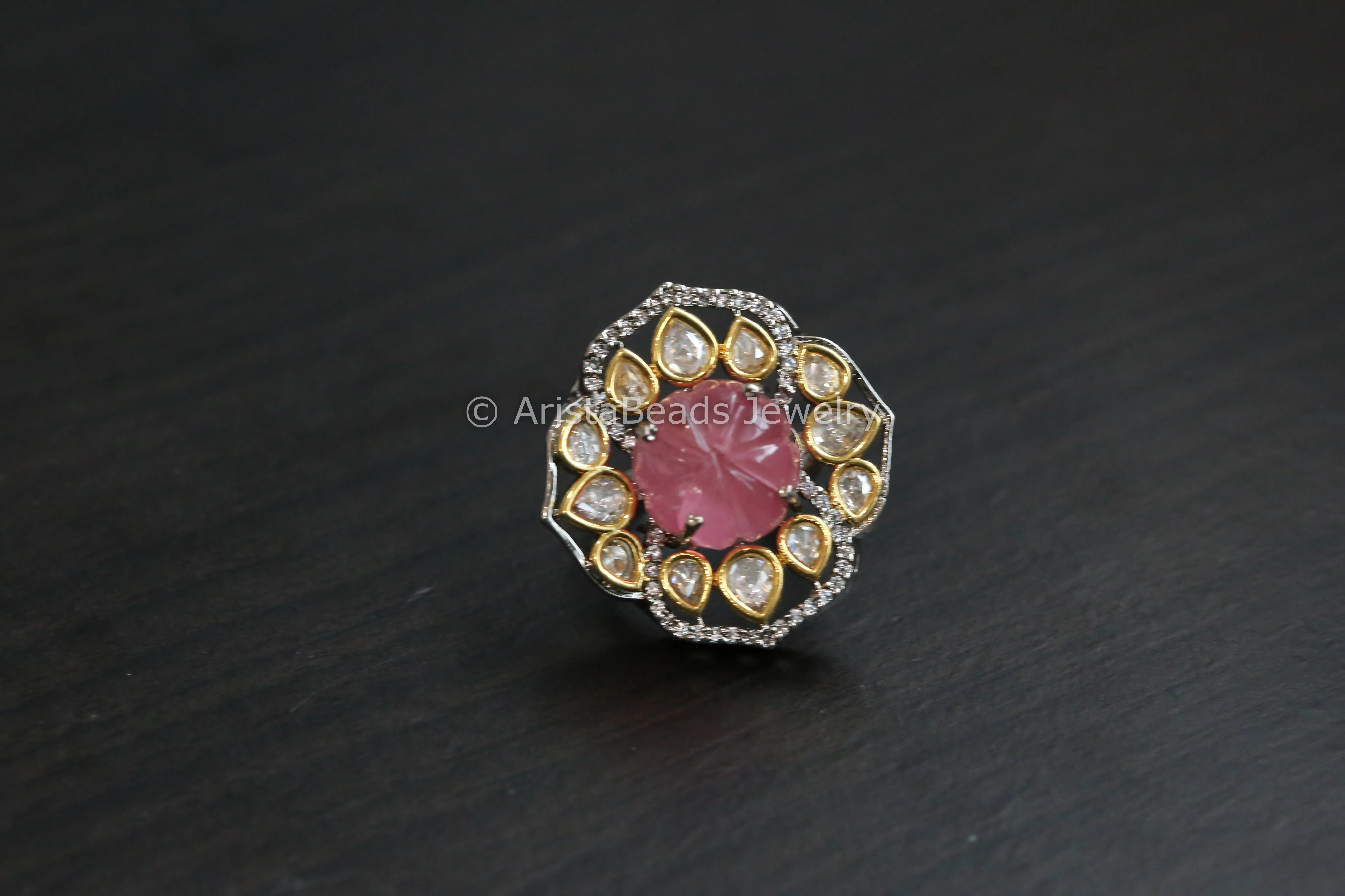 Kundan Polki CZ Ring (Adjustable) - Pink