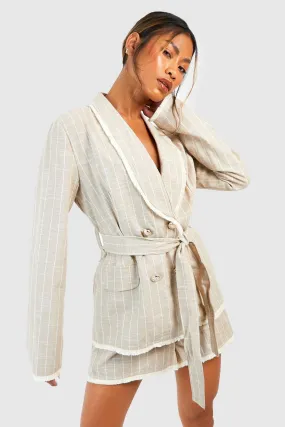 Linen Look Frayed Edge Tie Waist Blazer