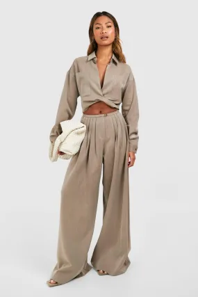 Linen Look Low Rise Extreme Wide Leg Pleated Pants