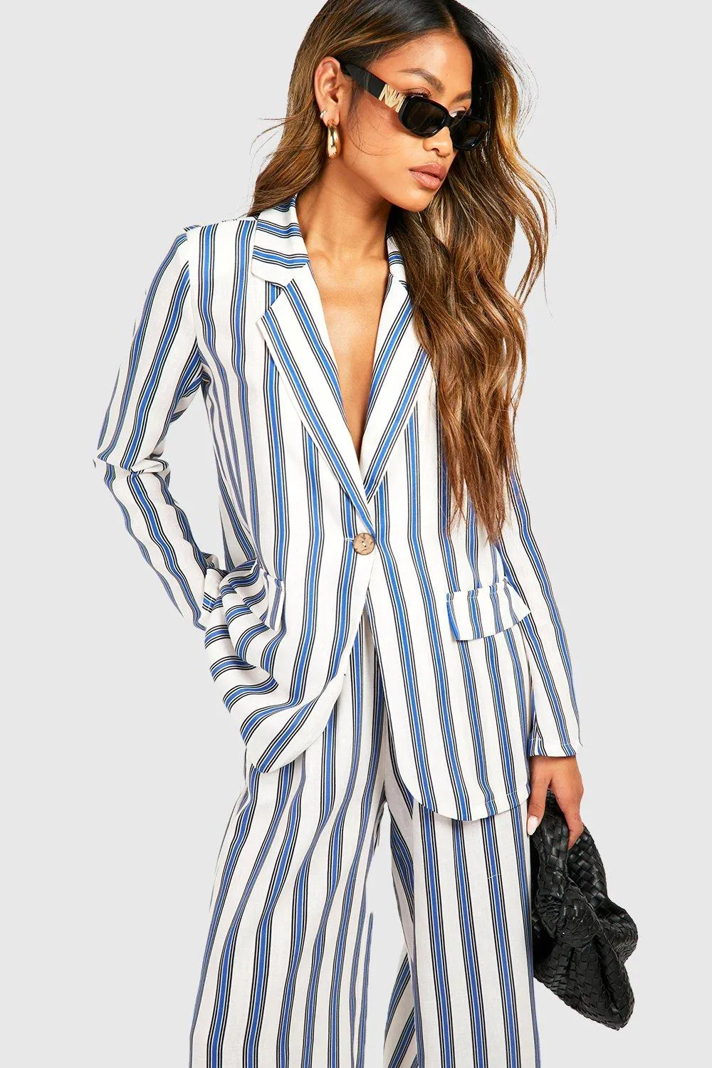 Linen Look Striped Contrast Button Blazer