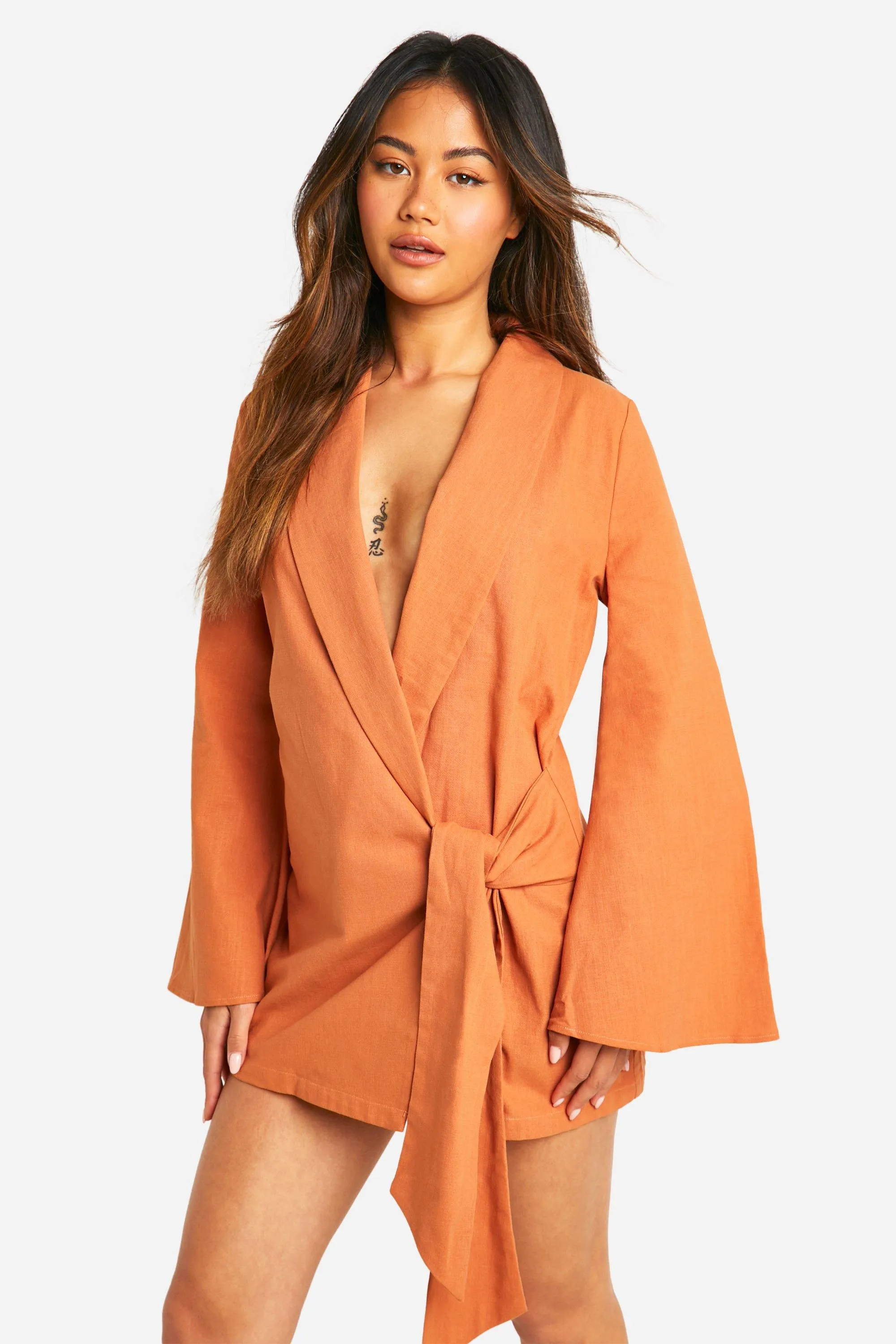 Linen Look Wrap Shirt Dress