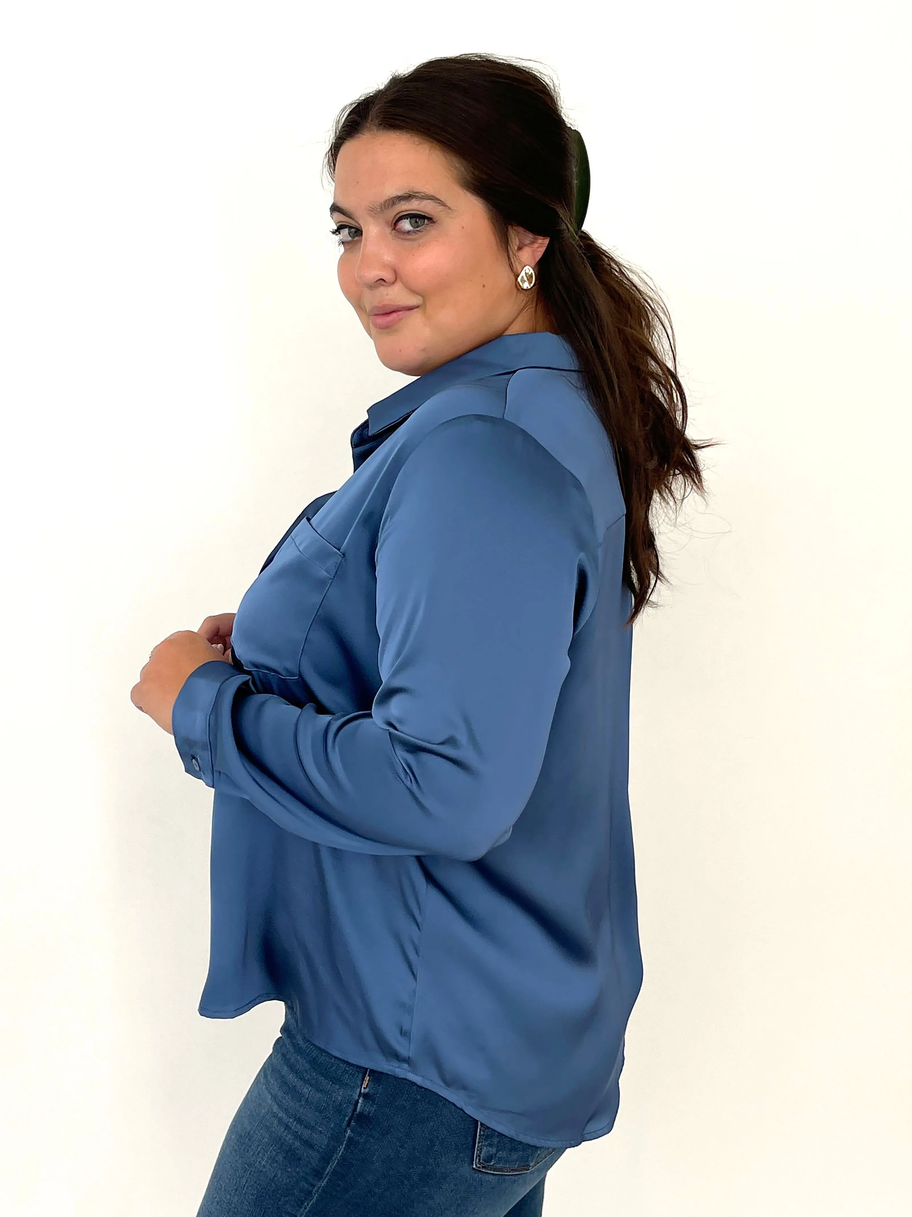 Mallow Satin Button Down - Smoky Blue