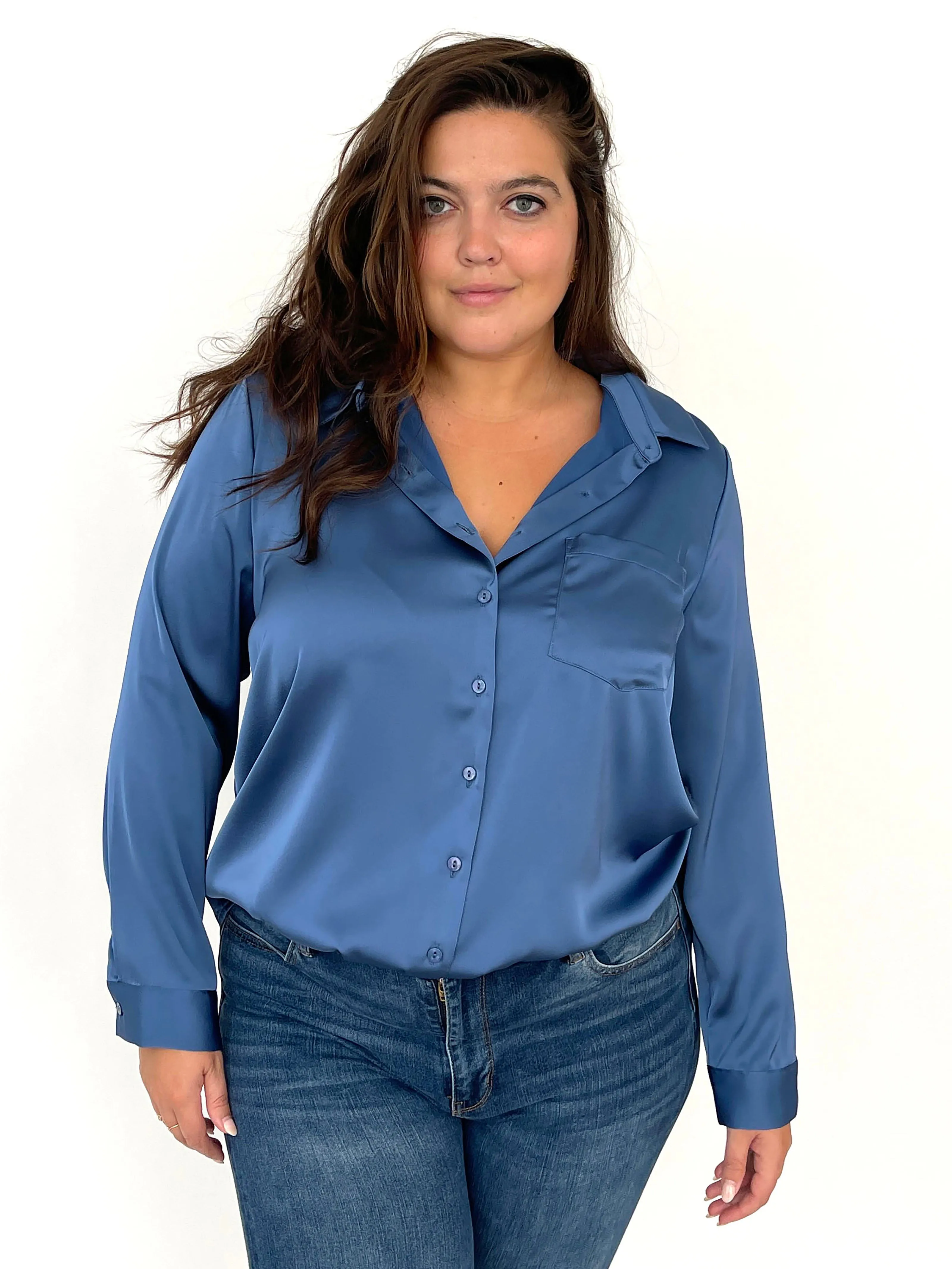 Mallow Satin Button Down - Smoky Blue