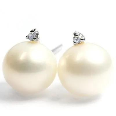 MARVELOUS 4.19 CT WHITE PEARL & 2 PCS GENUINE DIAMOND 10K SOLID WHITE GOLD EARRI