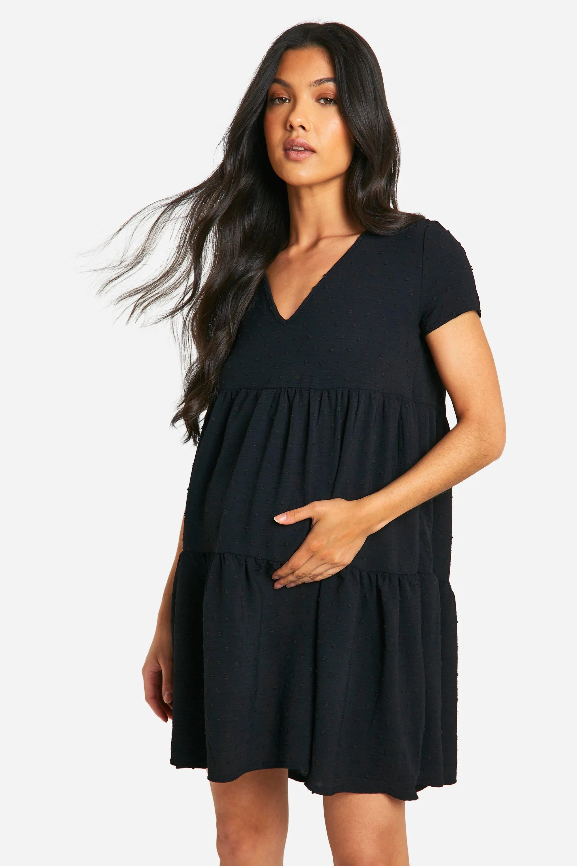 Maternity Dobby Short Sleeve Tiered Smock Dress