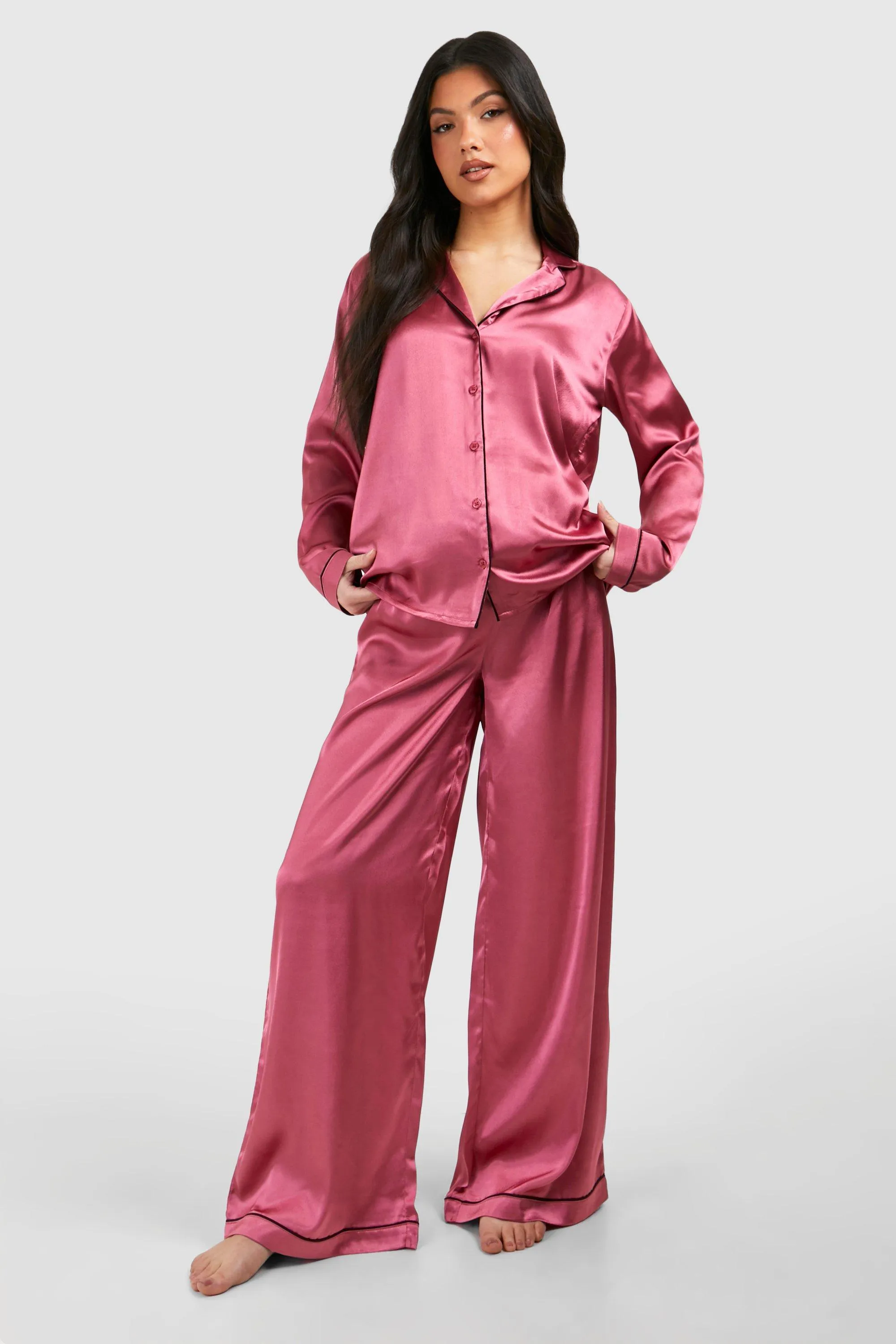 Maternity Satin Piped Pajama Pants Set