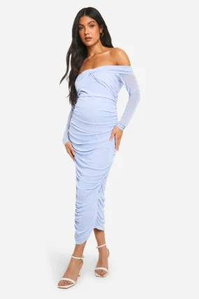 Maternity Tie Front Mesh Off The Shoulder Midi Dress