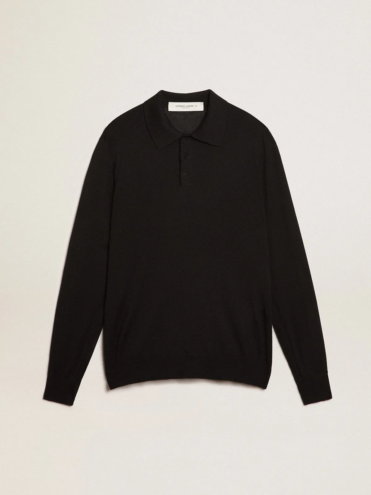 Men’s long-sleeved polo shirt in black merino wool