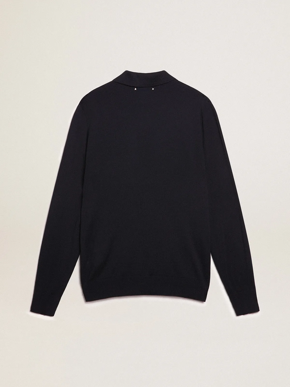 Men’s long-sleeved polo shirt in navy-blue merino wool