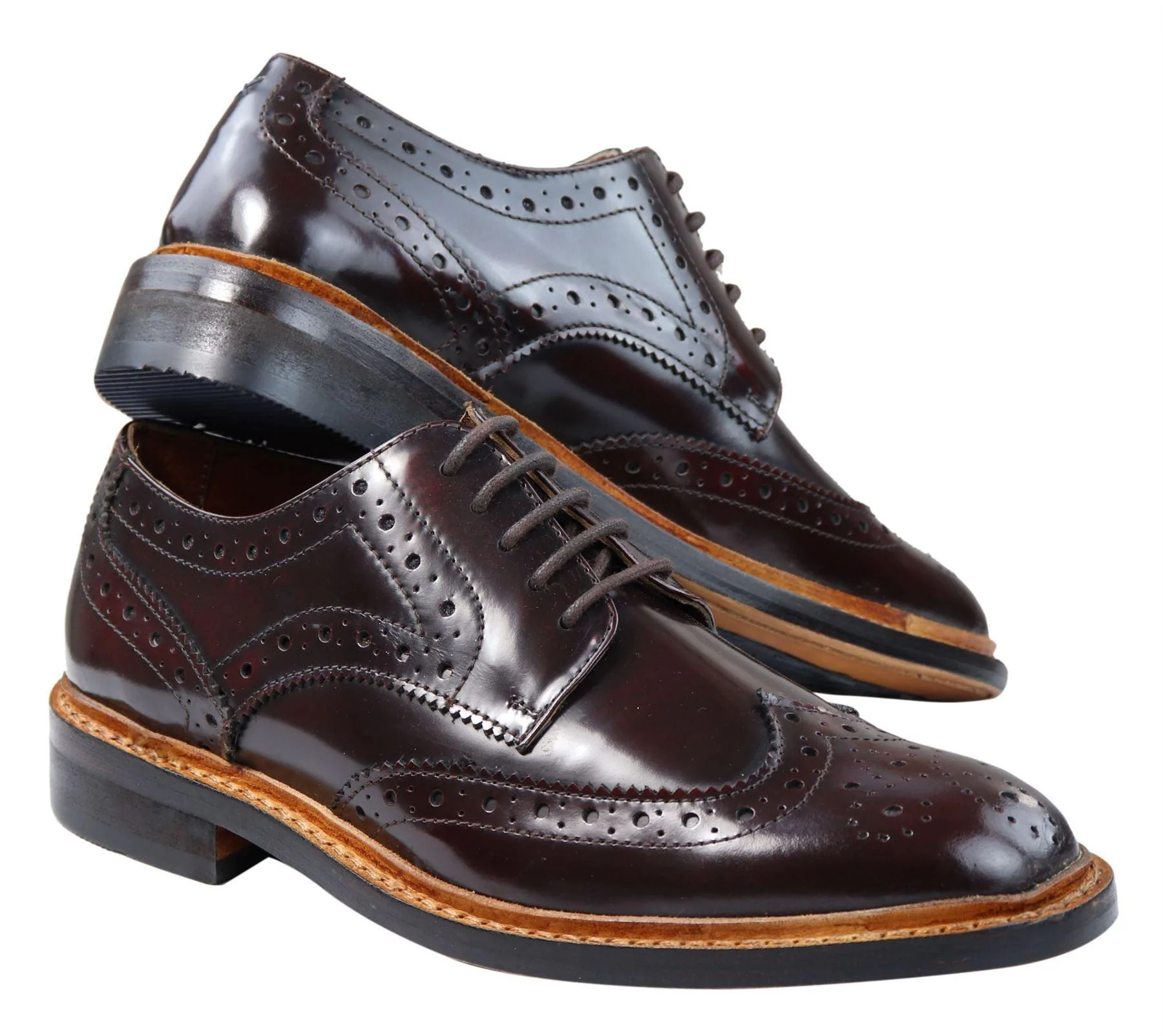 Mens Oxford Brogue Shoes Laced Leather Goodyear Welted Tan Brown Burgundy