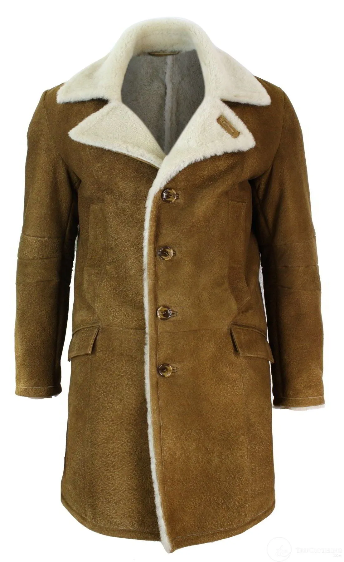 Mens Sherling Sheepskin Tan Brown 3/4 Overcoat Vintage Retro Winter Warm