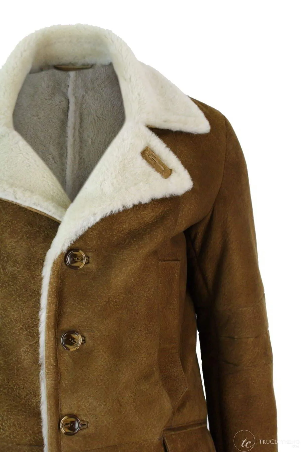 Mens Sherling Sheepskin Tan Brown 3/4 Overcoat Vintage Retro Winter Warm