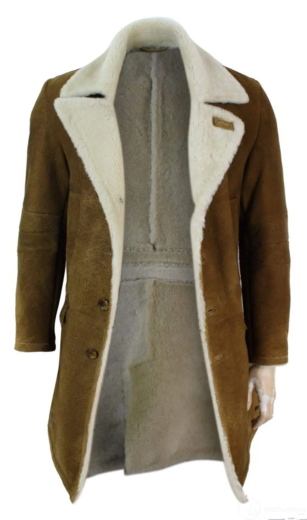 Mens Sherling Sheepskin Tan Brown 3/4 Overcoat Vintage Retro Winter Warm