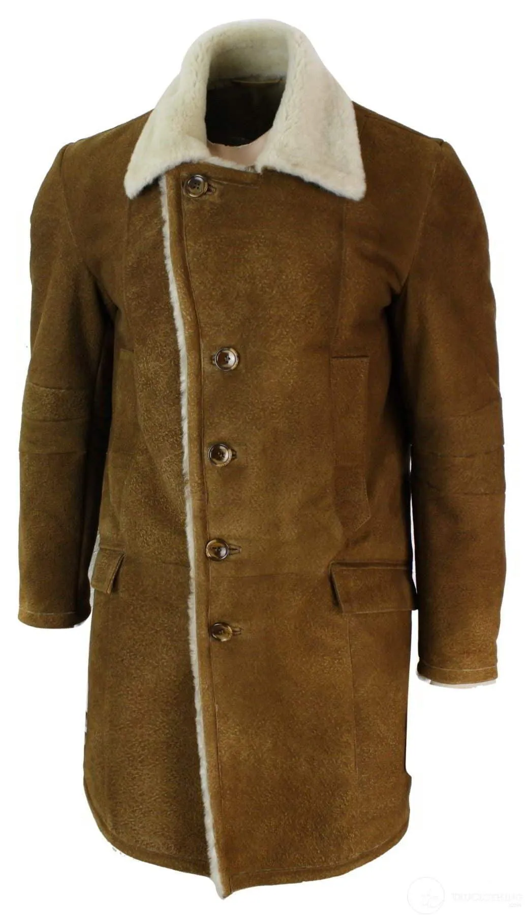 Mens Sherling Sheepskin Tan Brown 3/4 Overcoat Vintage Retro Winter Warm