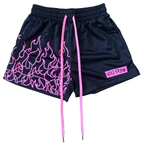 MUAY THAI FLAME SHORTS (MID THIGH CUT) - BLACK / PINK